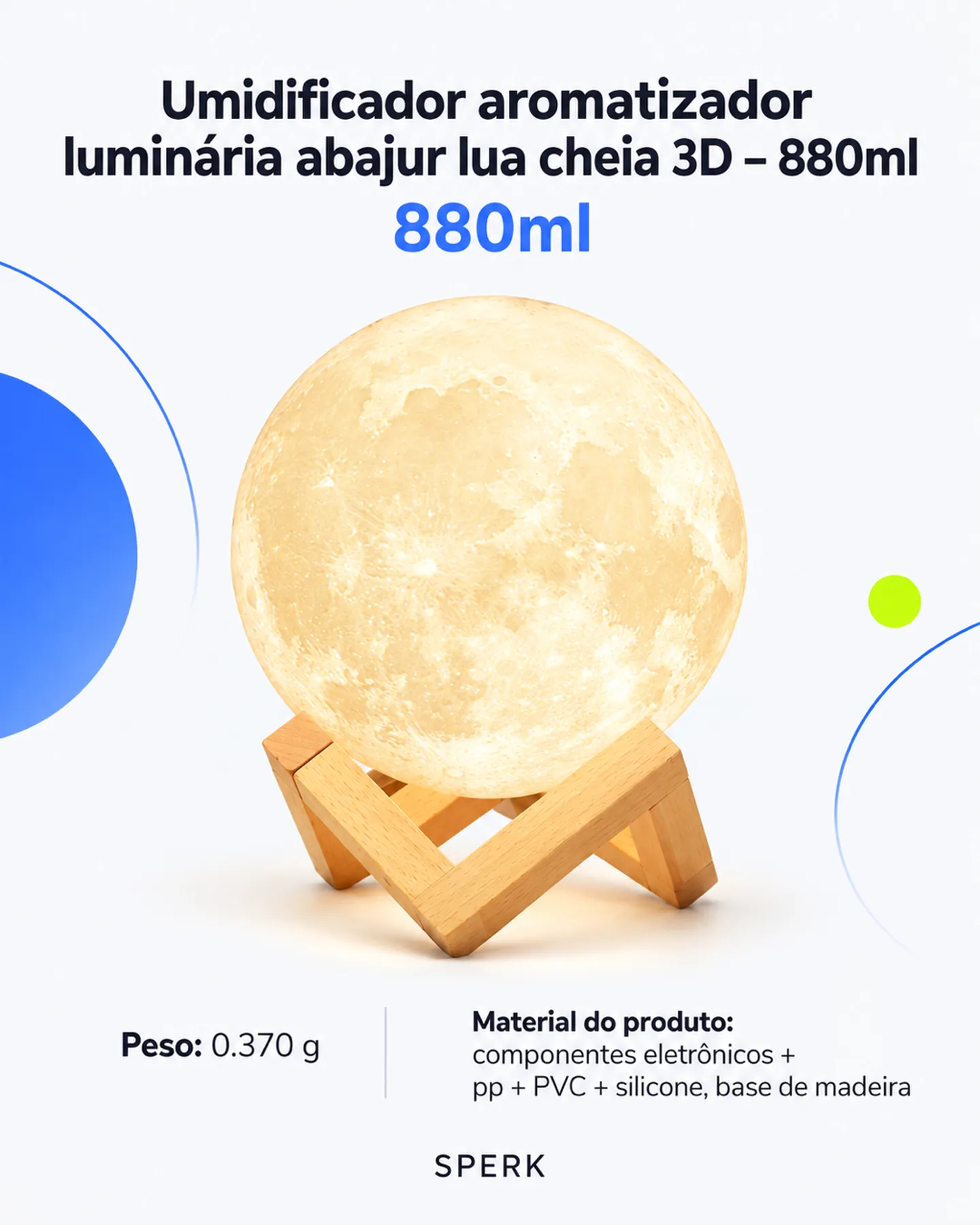 Umidificador aromatizador luminária abajur lua cheia 3D – 880ml — painel 1