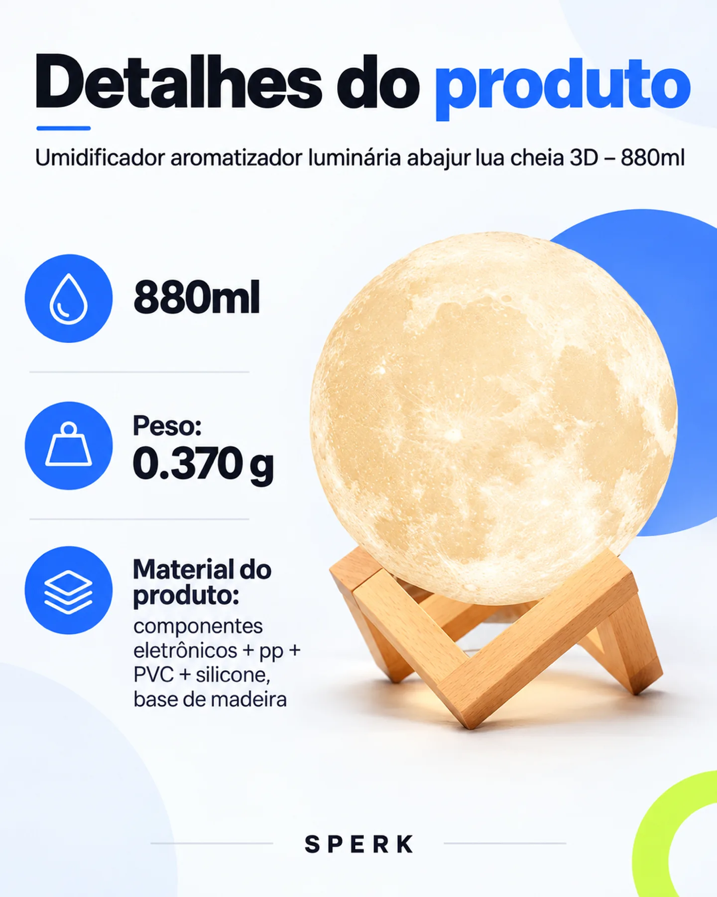 Umidificador aromatizador luminária abajur lua cheia 3D – 880ml — painel 4