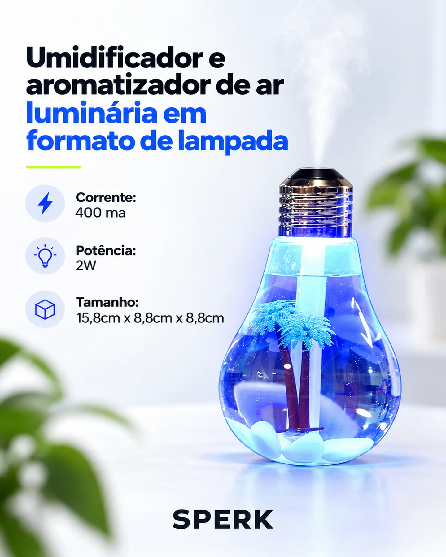 Umidificador e aromatizador de ar luminária em formato de lampada — painel 1