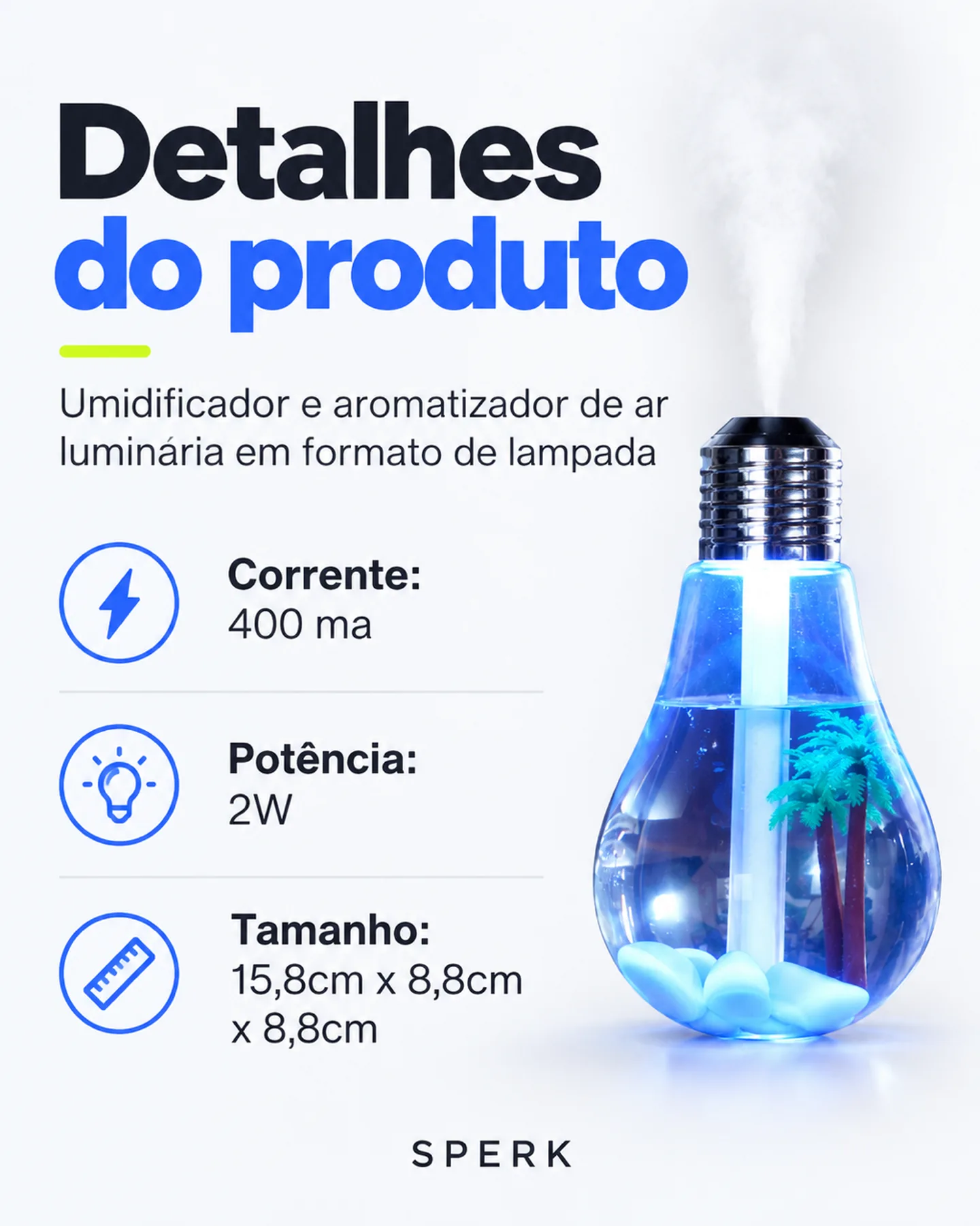 Umidificador e aromatizador de ar luminária em formato de lampada — painel 4