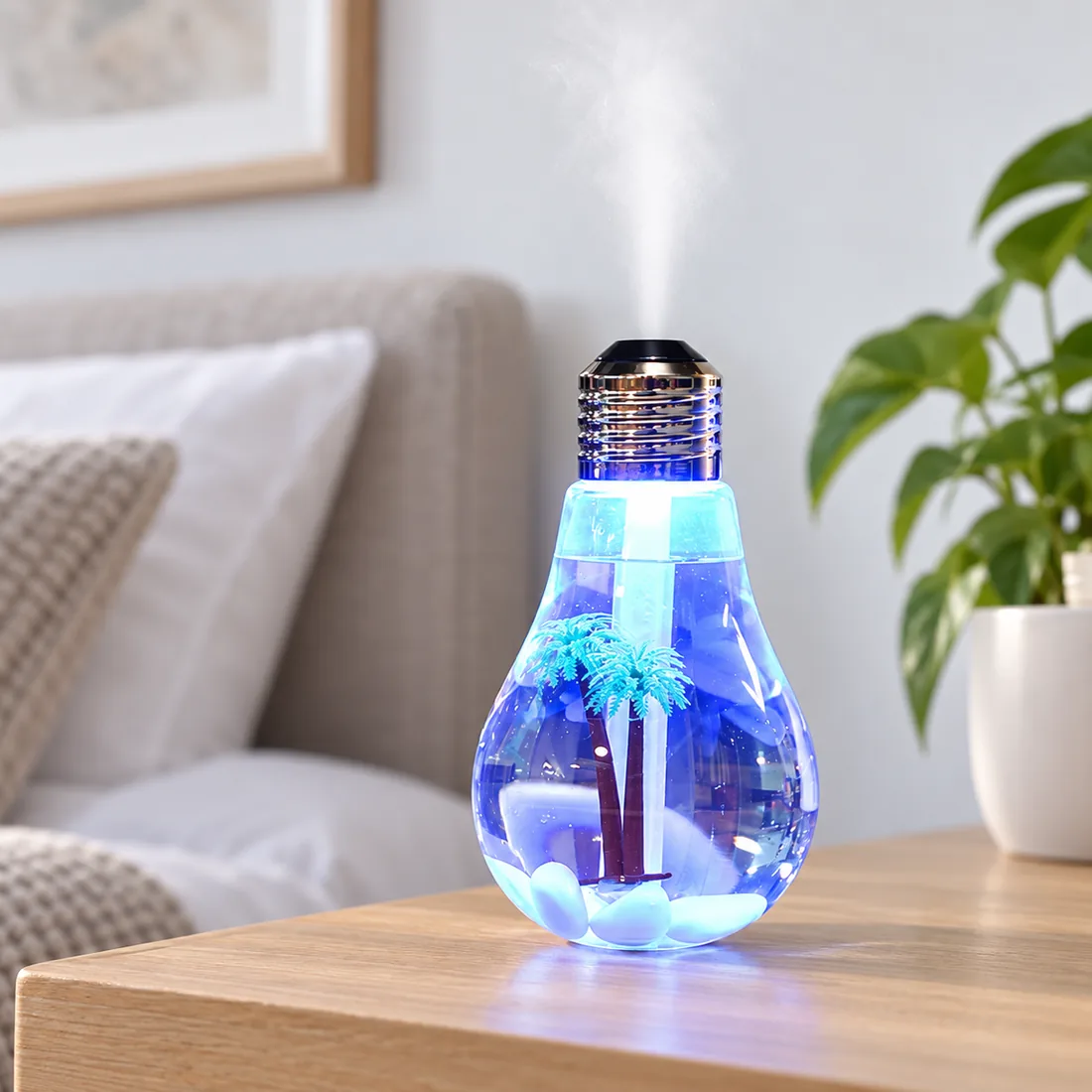 Umidificador e aromatizador de ar luminária em formato de lampada — uso