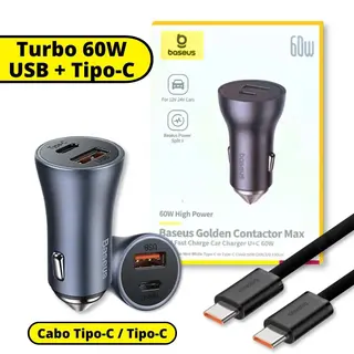 Kit carregador veicular turbo 60W USB + USB-c com cabo Tipo-C - Baseus — foto do produto