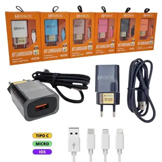 Kit carregador de celular 2.4A USB colorido - Hrebos - HS-390 — foto do produto