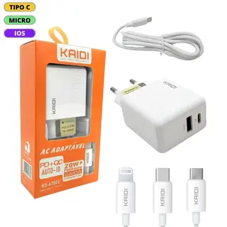 Kit carregador de celular 3A 20W + cabo - KAIDI - KD-670