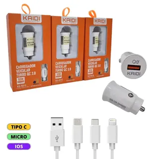 Kit carregador veicular 3.0A 18W ubs + cabo - KAIDI - KD-501 — foto do produto
