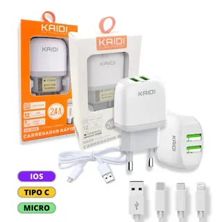 Kit carregador de celular 2.4A 12W + cabo - KAIDI - KD-556 — foto do produto