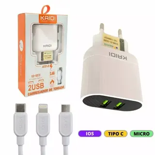 Kit carregador de parede KAIDI USB + cabo