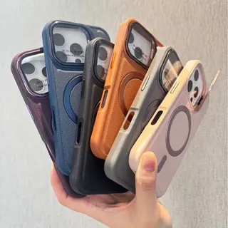 Capinha de couro com MagSafe e proteção de câmera suporte bracket