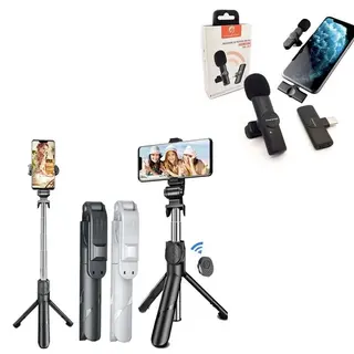 Kit vlog - microfone de lapela sem fio + tripé com controle remoto