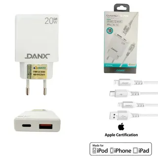 Kit carregador turbo PD 20W homologado mfi USB-c / USB + cabo DANX