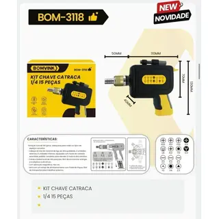 Kit chave catraca 1/4 15 pçs BOM-3118 Bomvink