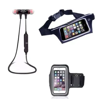 Kit corrida - fone neckband Bluetooth + pochete + braçadeira — foto do produto