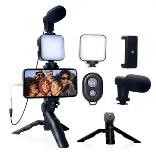 Kit gravação 4 em 1 com controle remoto suporte celular LED — foto do produto