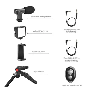 Kit gravação 4 em 1 com controle remoto suporte celular LED — foto do produto